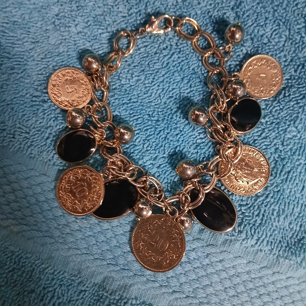 Gold and Black Coin Charm Bracelet